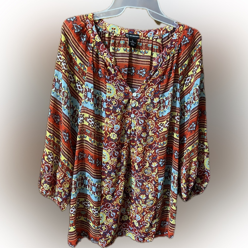 New Directions BOHO Women's Large Sheer Flowy Mixed Print Blouse 3/4 sleeve